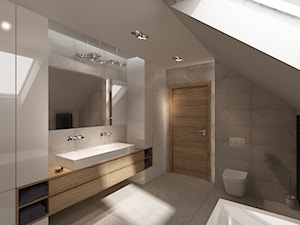 Dom w Myszkowie - Średnia na poddaszu z dwoma umywalkami z punktowym oświetleniem łazienka z oknem, styl nowoczesny - zdjęcie od New Concept Design