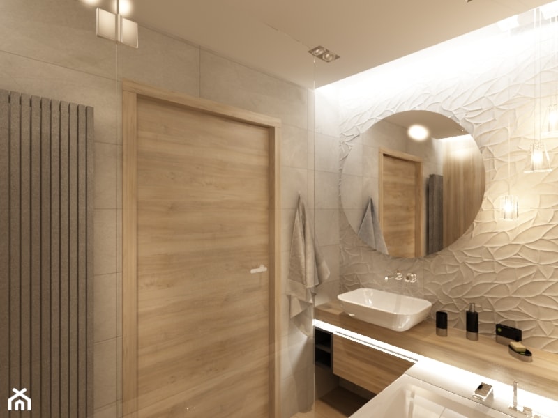 Drewno i cegła - Mała bez okna z lustrem z punktowym oświetleniem łazienka, styl nowoczesny - zdjęcie od New Concept Design