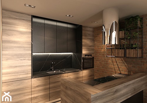 Drewno i cegła - Średnia otwarta z salonem czarna z zabudowaną lodówką z podblatowym zlewozmywakiem kuchnia dwurzędowa, styl nowoczesny - zdjęcie od New Concept Design