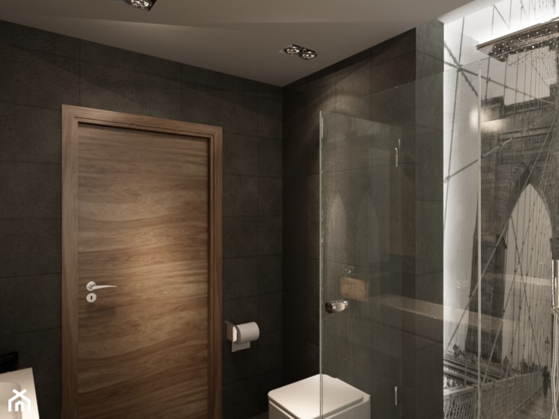 Przy Arenie - Mała bez okna ze szkłem na ścianie z punktowym oświetleniem łazienka, styl nowoczesny - zdjęcie od New Concept Design