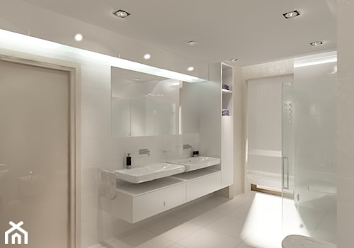 Łazienka w bieli 2 - Duża bez okna z lustrem z dwoma umywalkami z punktowym oświetleniem łazienka, styl nowoczesny - zdjęcie od New Concept Design