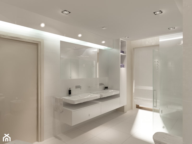 Łazienka w bieli 2 - Duża bez okna z lustrem z dwoma umywalkami z punktowym oświetleniem łazienka, styl nowoczesny - zdjęcie od New Concept Design