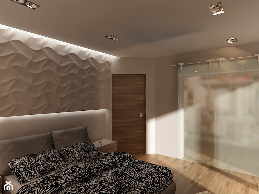 sypialnia - Średnia beżowa biała sypialnia z garderobą, styl nowoczesny - zdjęcie od New Concept Design