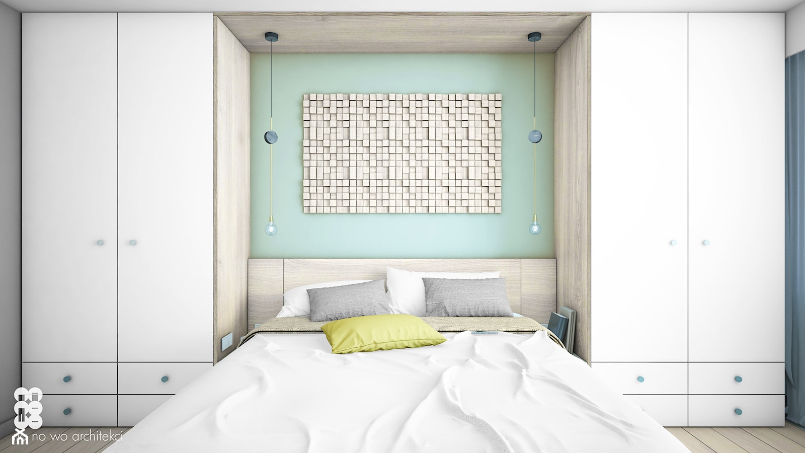 WNĘTRZA TYRMANDA - Średnia szara zielona sypialnia, styl minimalistyczny - zdjęcie od NA NO WO ARCHITEKCI - Homebook