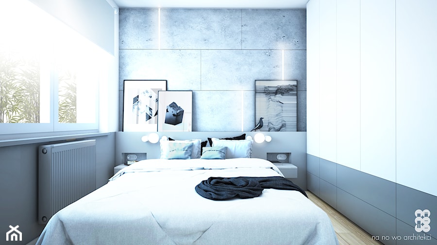 APARTAMENT BEMA - Mała biała szara sypialnia, styl minimalistyczny - zdjęcie od NA NO WO ARCHITEKCI