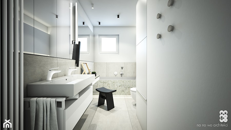 APARTAMENT BEMA - Średnia z lustrem z dwoma umywalkami z punktowym oświetleniem łazienka z oknem, styl nowoczesny - zdjęcie od NA NO WO ARCHITEKCI