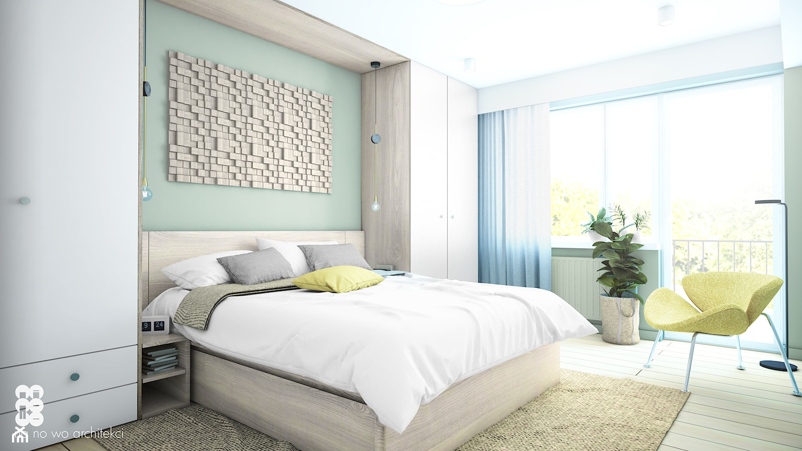 WNĘTRZA TYRMANDA - Średnia biała zielona sypialnia z balkonem / tarasem, styl minimalistyczny - zdjęcie od NA NO WO ARCHITEKCI - Homebook
