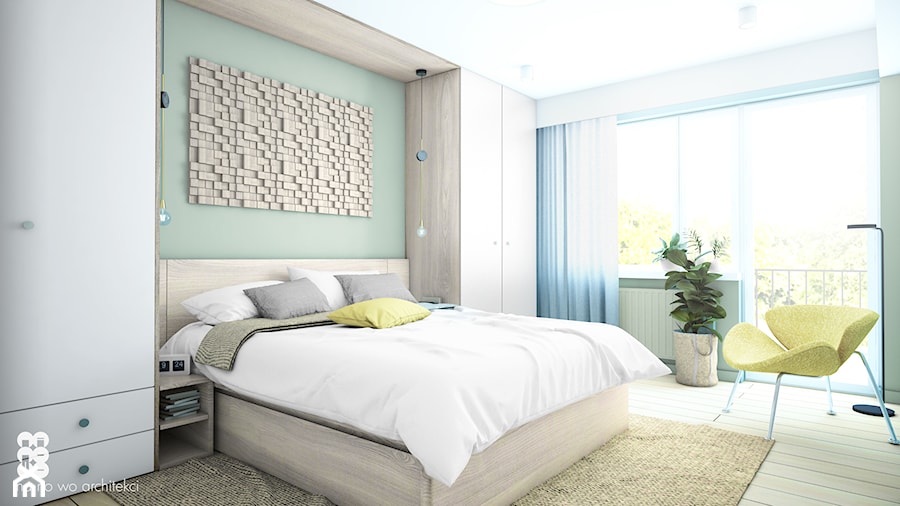 WNĘTRZA TYRMANDA - Średnia biała zielona sypialnia z balkonem / tarasem, styl minimalistyczny - zdjęcie od NA NO WO ARCHITEKCI