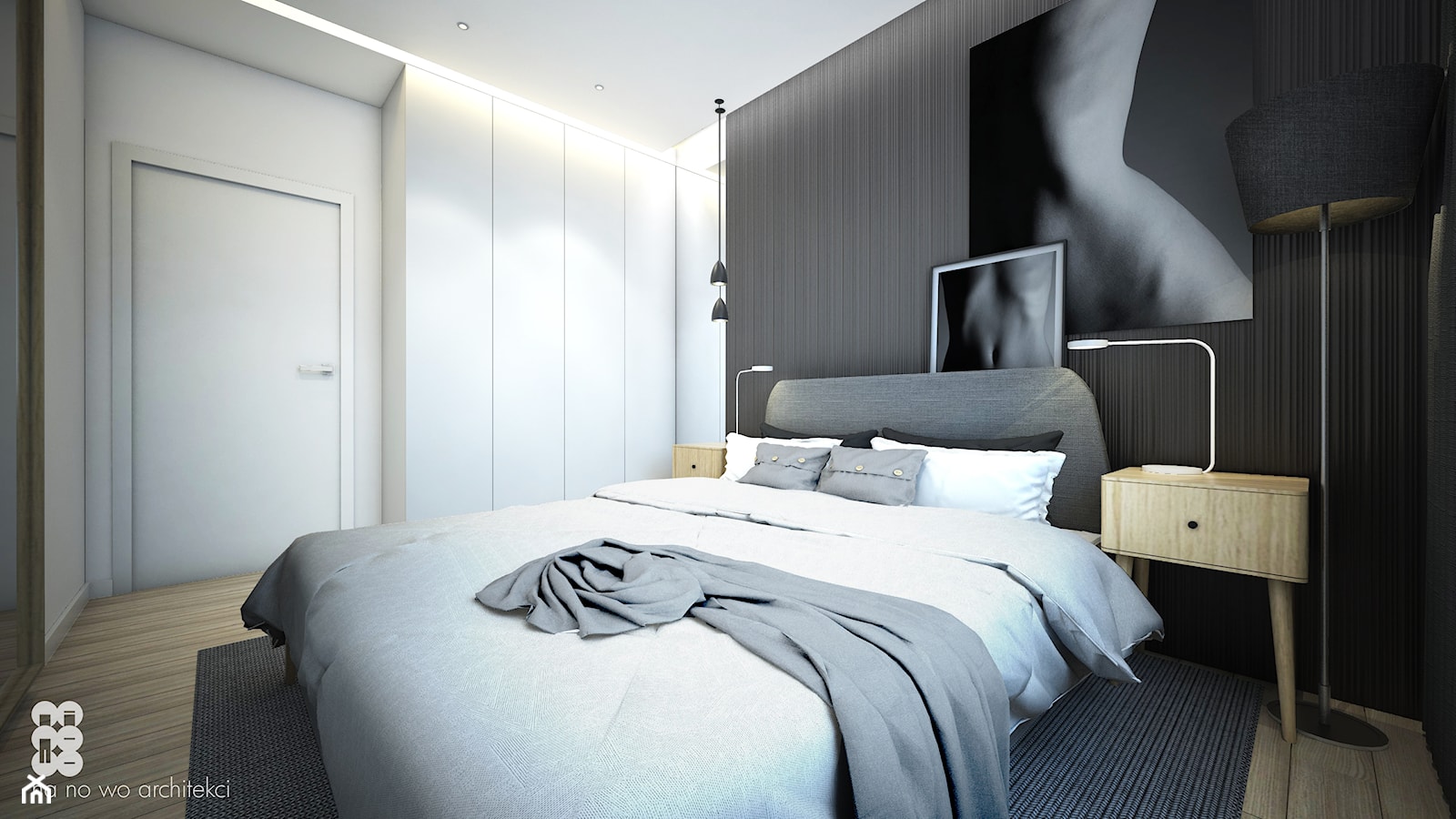 GRAWERSKA WNĘTRZA - Średnia biała szara sypialnia, styl nowoczesny - zdjęcie od NA NO WO ARCHITEKCI - Homebook