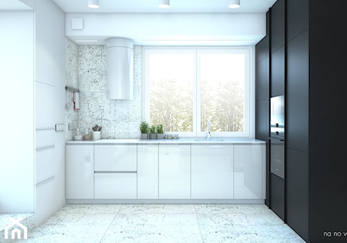 APARTAMENT BEMA - Średnia otwarta z kamiennym blatem biała z zabudowaną lodówką z podblatowym zlewozmywakiem kuchnia w kształcie litery l z oknem z kompozytem na ścianie nad blatem kuchennym, styl minimalistyczny - zdjęcie od NA NO WO ARCHITEKCI