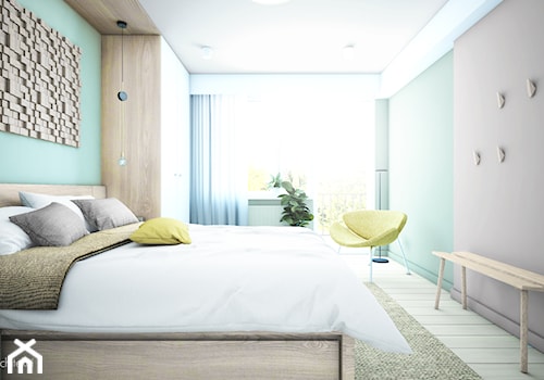 WNĘTRZA TYRMANDA - Duża niebieska szara sypialnia z balkonem / tarasem, styl minimalistyczny - zdjęcie od NA NO WO ARCHITEKCI
