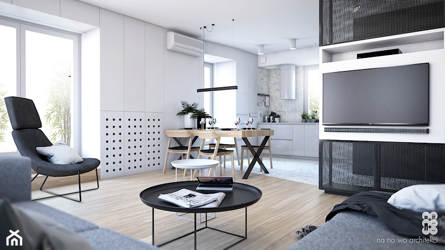 APARTAMENT BEMA - Mały biały salon z kuchnią z jadalnią, styl nowoczesny - zdjęcie od NA NO WO ARCHITEKCI