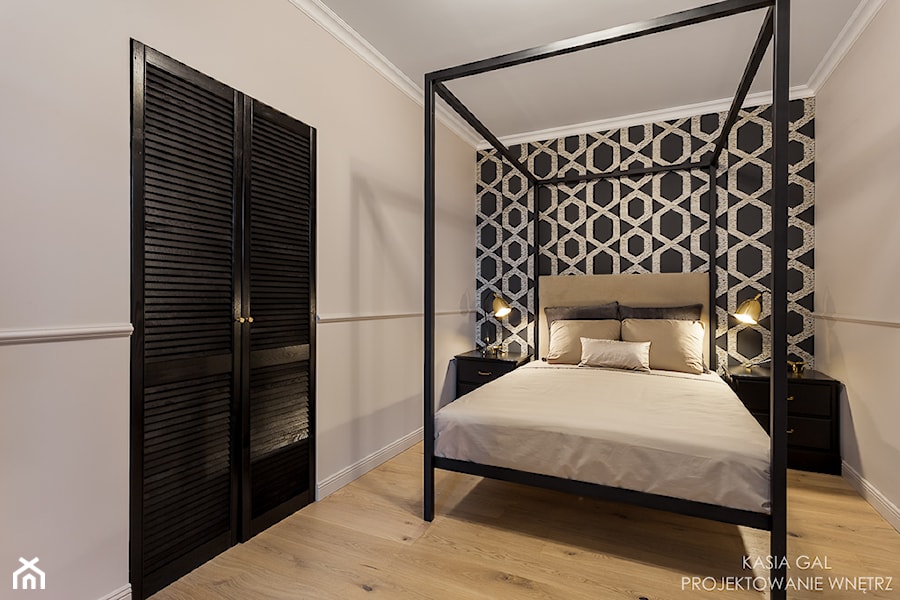 Dwa pokoje z dużą garderobą w ponadczasowym stylu - Mała czarna szara sypialnia, styl nowoczesny - zdjęcie od Kasia Gal