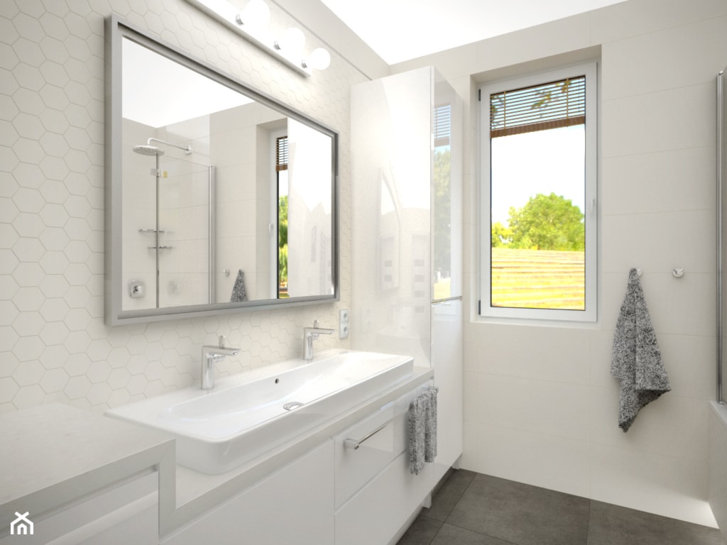Łazienka All in white - Średnia z dwoma umywalkami łazienka z oknem, styl nowoczesny - zdjęcie od Zieja Interiors Design - Homebook