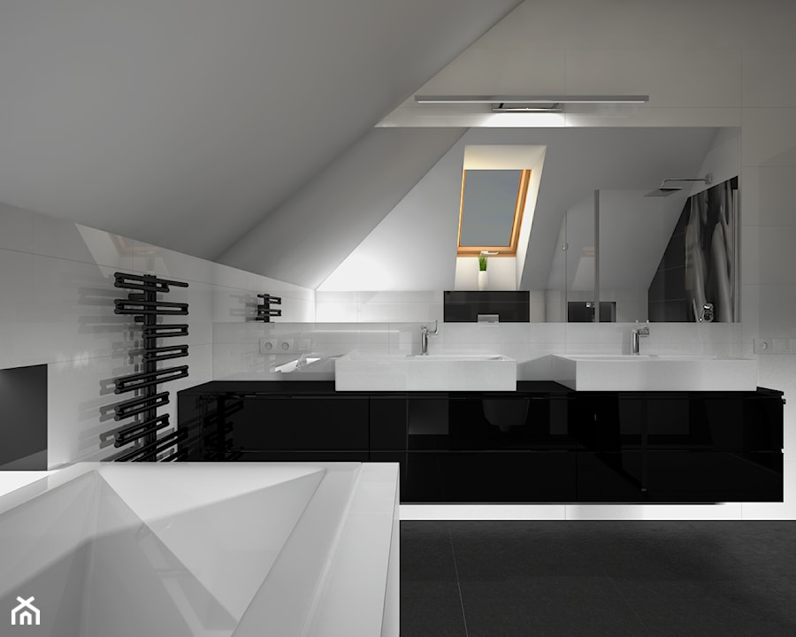 Łazienka Black&White - Średnia na poddaszu z dwoma umywalkami łazienka z oknem, styl nowoczesny - zdjęcie od Zieja Interiors Design