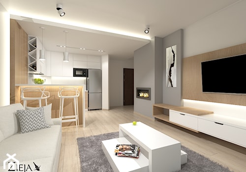 Mieszkanie Singielki - Średni biały szary salon z kuchnią z jadalnią, styl nowoczesny - zdjęcie od Zieja Interiors Design