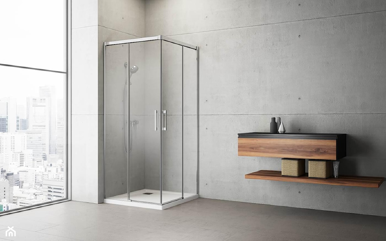 minimalistyczna łazienka z kabiną prysznicową i betonem 