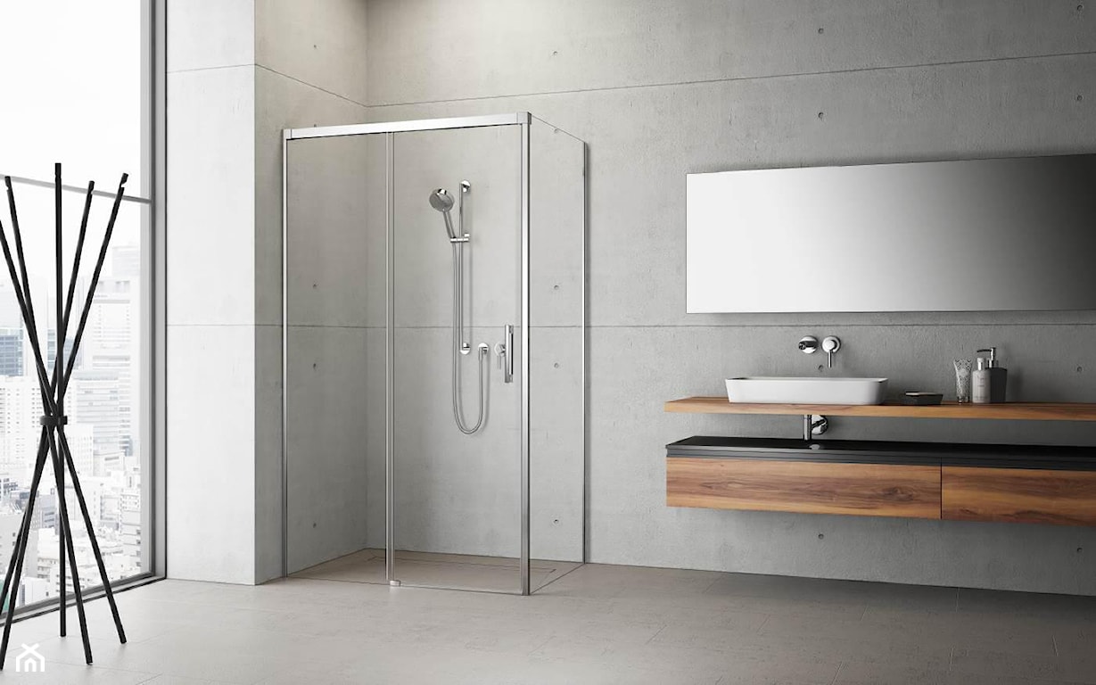 duża minimalistyczna łazienka z kabiną prysznicową