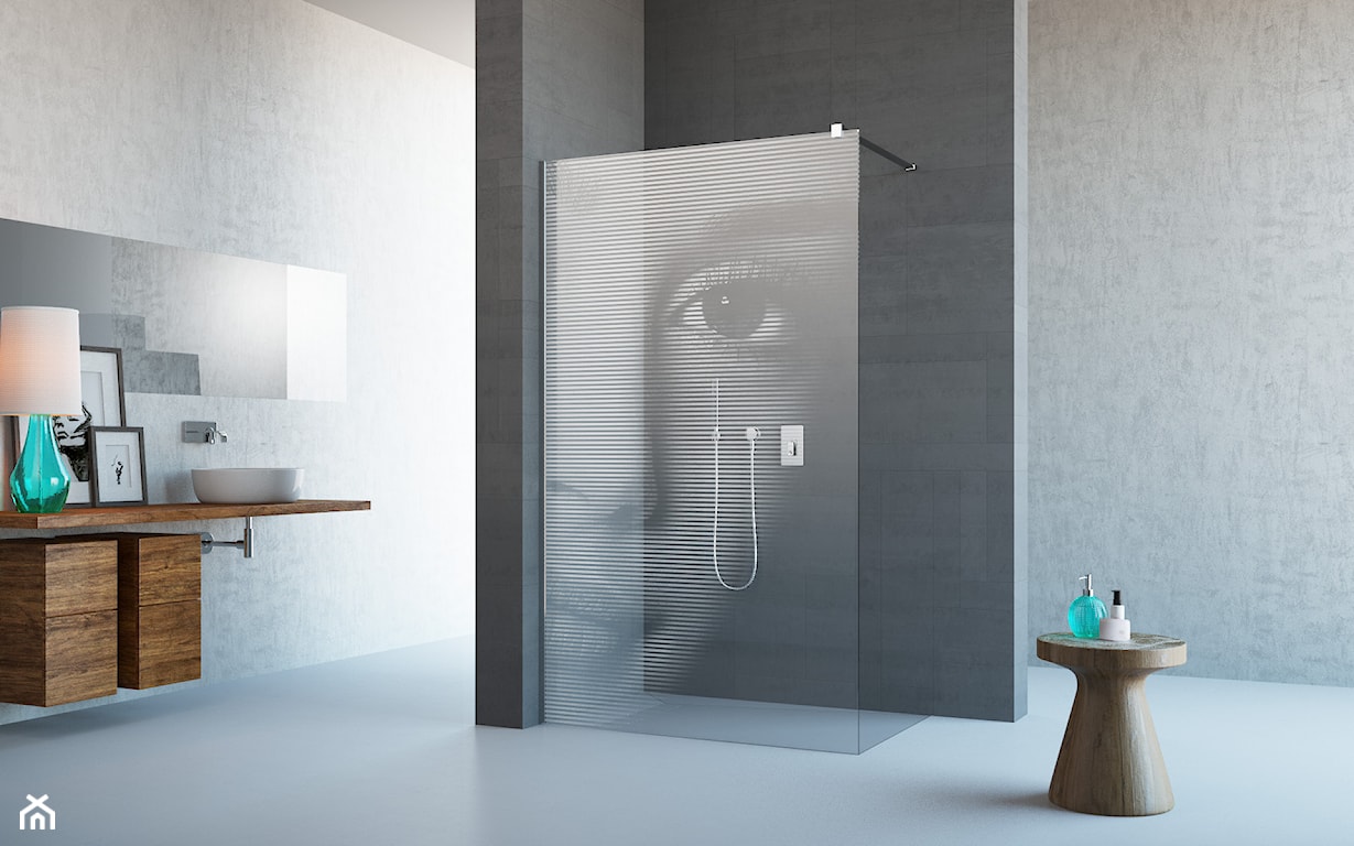 minimalistyczna łazienka z grawerowaną kabiną prysznicową 