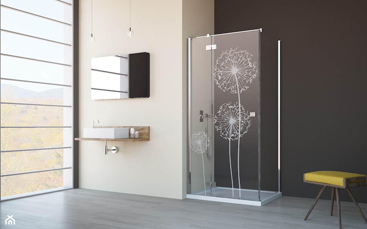 minimalistyczna łazienka z grawerowaną kabiną prysznicową 