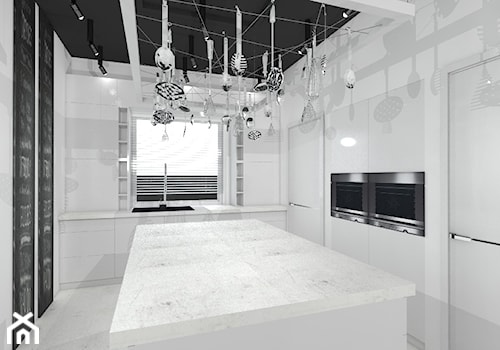 projekt wnętrza "Pracowni tortów artystycznych" - Średnia biała z zabudowaną lodówką z podblatowym zlewozmywakiem kuchnia w kształcie litery l z wyspą lub półwyspem z oknem, styl nowoczesny - zdjęcie od NKW - wnętrza