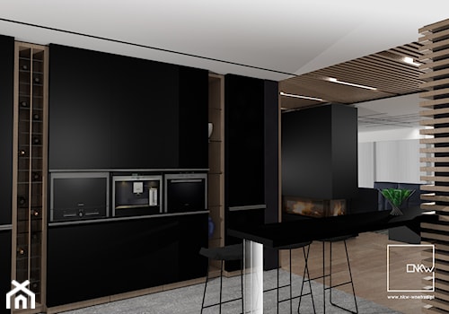 Projekt wnętrza domu jednorodzinnego - Mała otwarta czarna z zabudowaną lodówką kuchnia jednorzędowa z marmurową podłogą, styl nowoczesny - zdjęcie od NKW - wnętrza