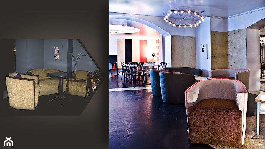 Efektowne wnętrze restauracji przy niskim budżecie? Stało się to możliwe między innymi dzięki pomysłowemu pomysłowemu rozwiązaniu na renowację starych foteli i kanap (po lewej). - zdjęcie od SZARA/studio