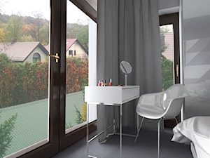 Mieszkanie w czerni, bieli i drewnie - Mała biała sypialnia z balkonem / tarasem, styl nowoczesny - zdjęcie od Totius Studio