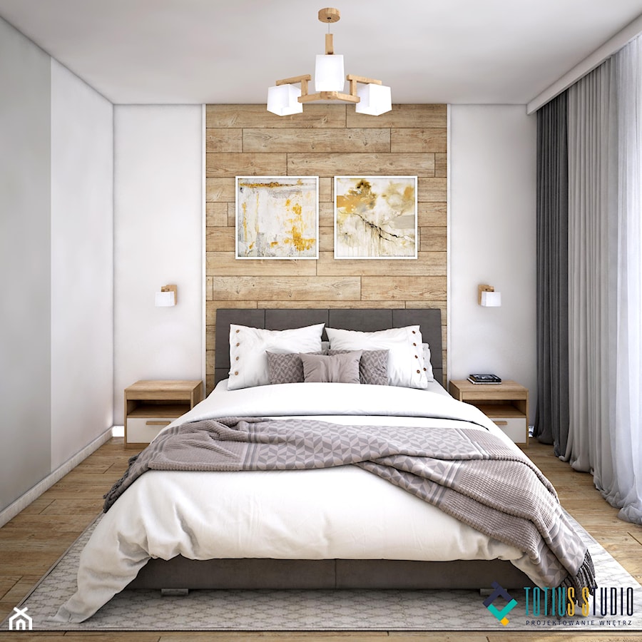 Przytulna sypialnia z panelami drewnianymi - zdjęcie od Totius Studio