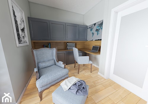 Średnie w osobnym pomieszczeniu z zabudowanym biurkiem szare biuro, styl nowoczesny - zdjęcie od Totius Studio