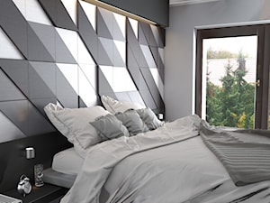 Mieszkanie w czerni, bieli i drewnie - Średnia biała czarna z panelami tapicerowanymi sypialnia, styl nowoczesny - zdjęcie od Totius Studio