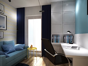Kolory w mieszkaniu - Małe w osobnym pomieszczeniu z sofą z zabudowanym biurkiem białe niebieskie biuro, styl nowoczesny - zdjęcie od Totius Studio