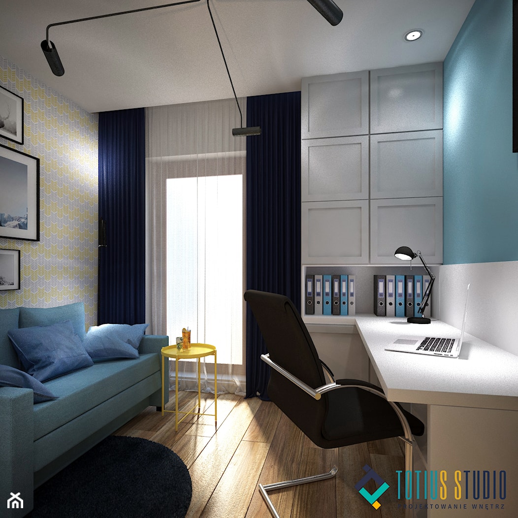Kolory w mieszkaniu - Małe w osobnym pomieszczeniu z sofą z zabudowanym biurkiem białe niebieskie bi ... - zdjęcie od Totius Studio - Homebook