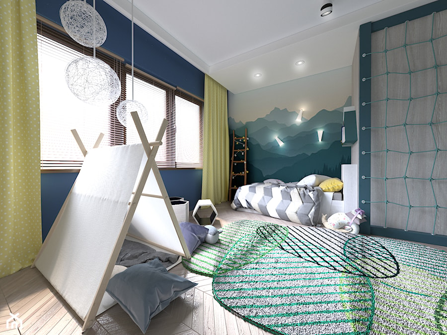 Średni biały szary niebieski turkusowy pokój dziecka dla dziecka dla chłopca, styl minimalistyczny - zdjęcie od Totius Studio