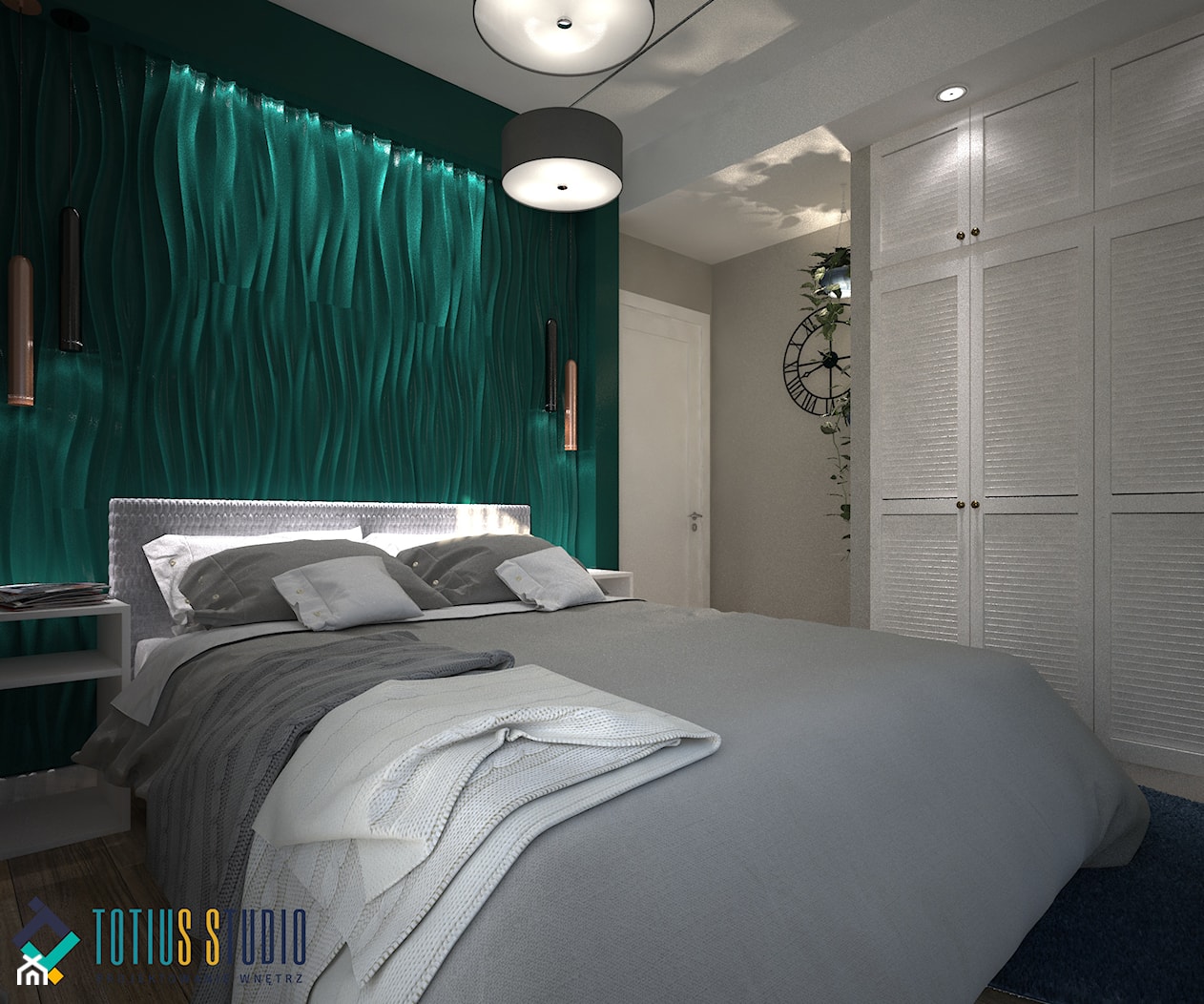 Kolory w mieszkaniu - Mała czarna szara z panelami tapicerowanymi sypialnia, styl nowoczesny - zdjęcie od Totius Studio - Homebook