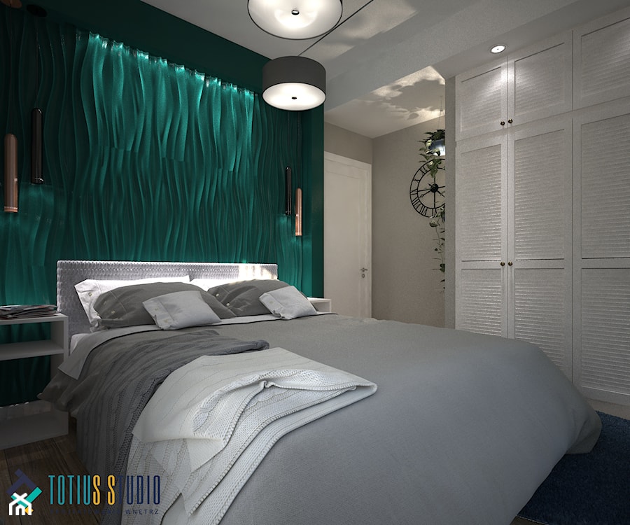 Kolory w mieszkaniu - Mała czarna szara z panelami tapicerowanymi sypialnia, styl nowoczesny - zdjęcie od Totius Studio