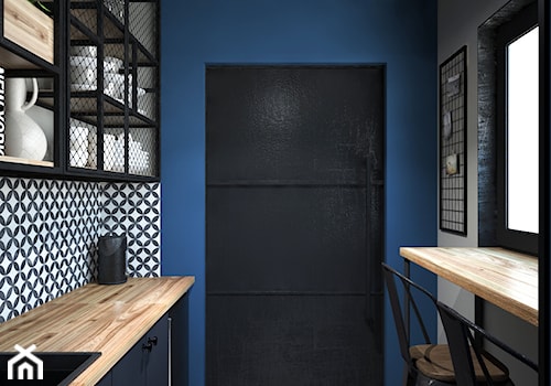biuro w stylu industrialnym - Średnia zamknięta niebieska szara z zabudowaną lodówką z nablatowym zlewozmywakiem kuchnia jednorzędowa z oknem, styl industrialny - zdjęcie od Totius Studio