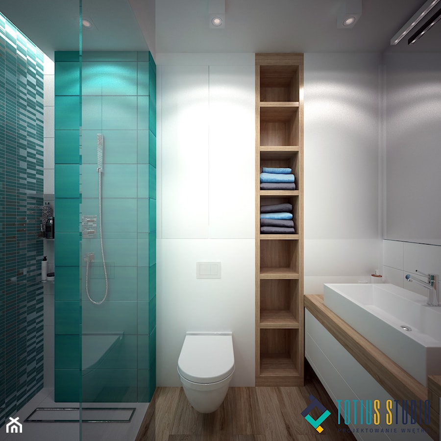 łazienka z turkusowymi płytkami, wersja 1 - zdjęcie od Totius Studio