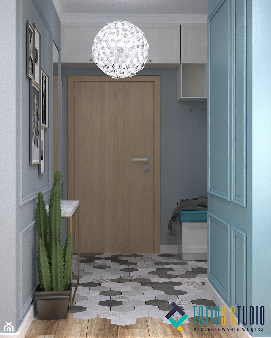 Kolory w mieszkaniu - Mały niebieski szary hol / przedpokój, styl nowoczesny - zdjęcie od Totius Studio