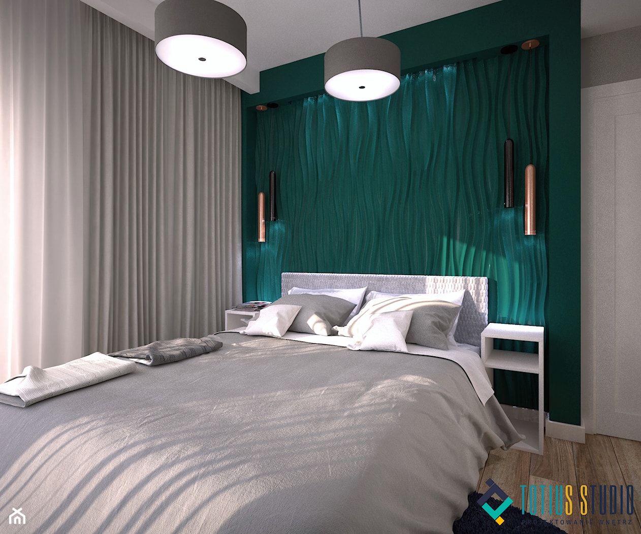 Kolory w mieszkaniu - Średnia zielona z panelami tapicerowanymi sypialnia, styl nowoczesny - zdjęcie od Totius Studio - Homebook