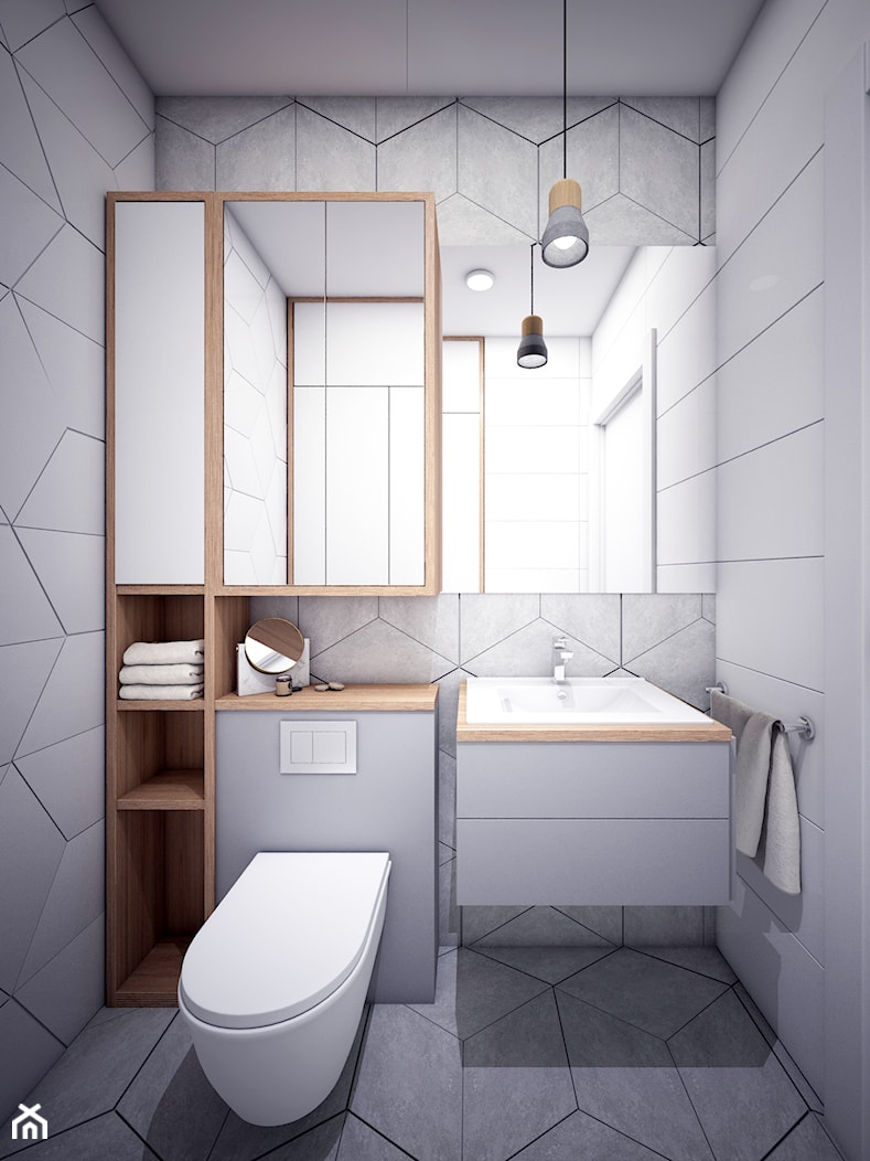 Szaro biała łazienka z elementami drewna - zdjęcie od Totius Studio - Homebook