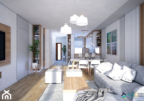 Skandynawski dom z nutą minimalizmu - Średni szary salon z kuchnią z jadalnią, styl skandynawski - zdjęcie od Totius Studio