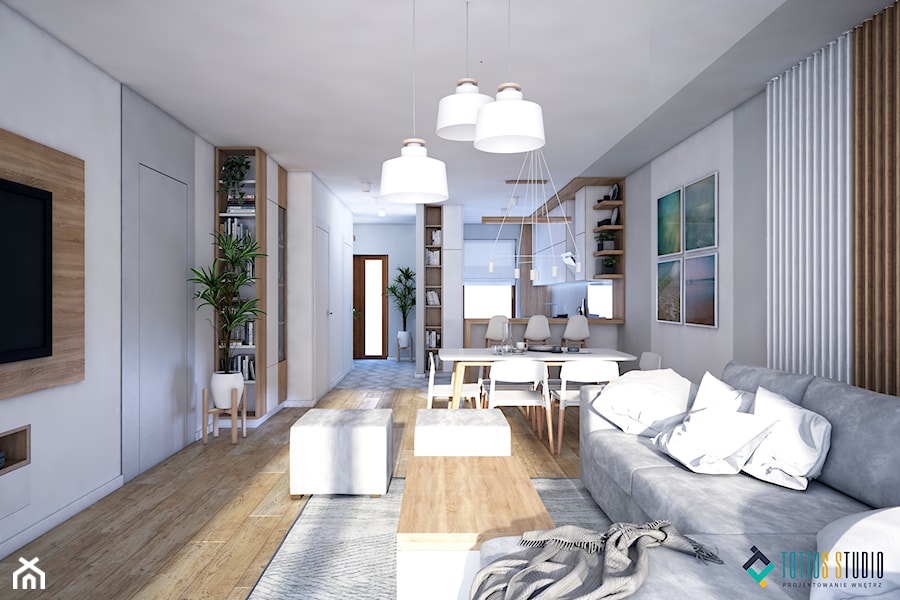Skandynawski dom z nutą minimalizmu - Średni szary salon z kuchnią z jadalnią, styl skandynawski - zdjęcie od Totius Studio