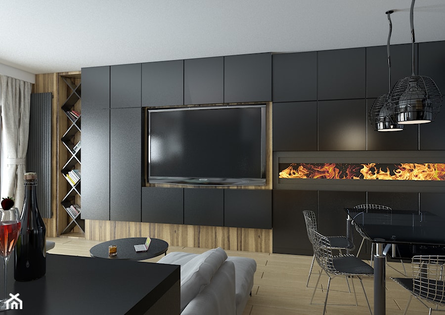 Mieszkanie w czerni, bieli i drewnie - Mały czarny salon z jadalnią, styl nowoczesny - zdjęcie od Totius Studio