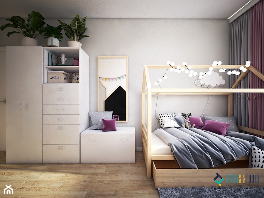 Skandynawski dom z nutą minimalizmu - Duży szary pokój dziecka dla nastolatka dla dziewczynki, styl skandynawski - zdjęcie od Totius Studio