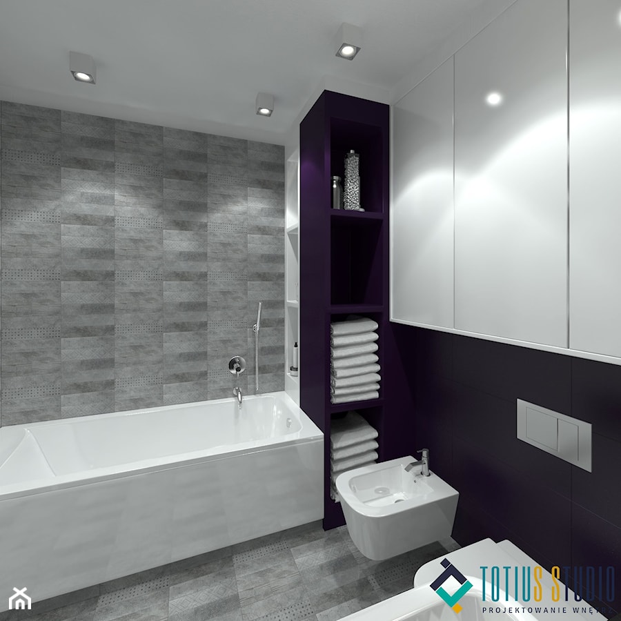 Łazienka z fioletowym akcentem - Średnia bez okna z punktowym oświetleniem łazienka, styl nowoczesny - zdjęcie od Totius Studio