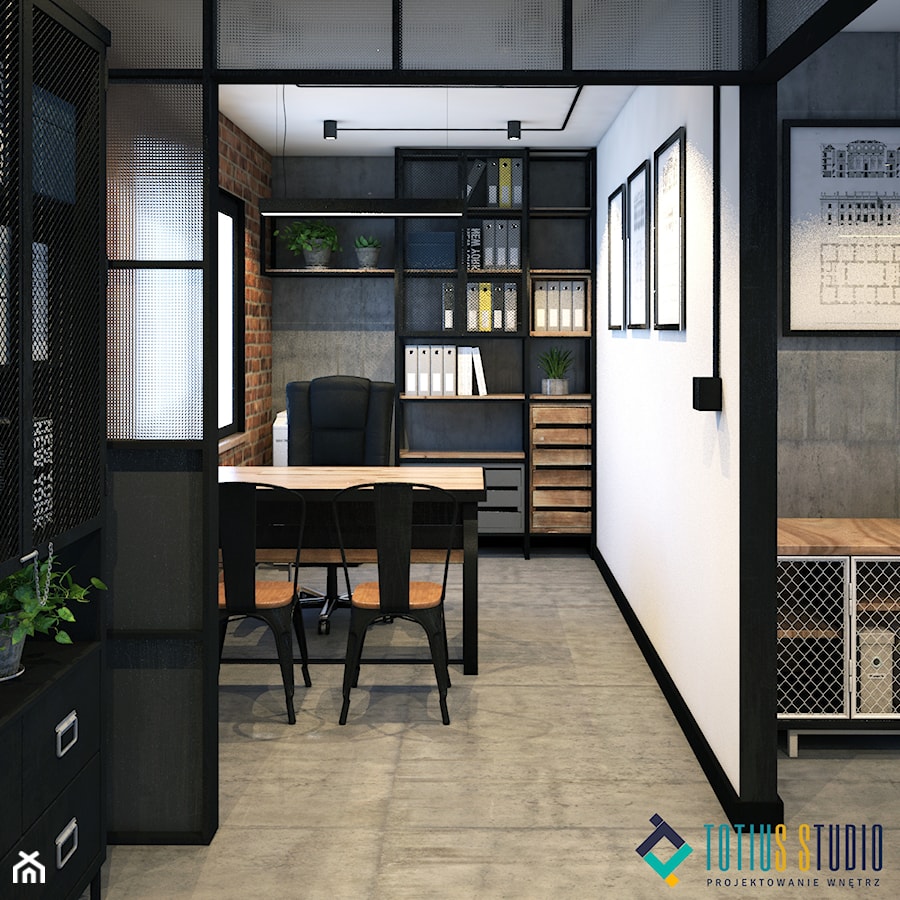 biuro w stylu industrialnym - Średnie w osobnym pomieszczeniu białe szare biuro, styl industrialny - zdjęcie od Totius Studio