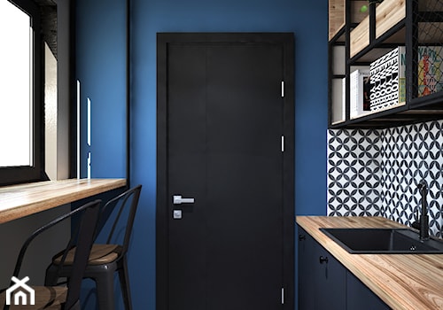 biuro w stylu industrialnym - Średnia zamknięta niebieska z podblatowym zlewozmywakiem kuchnia jedn ... - zdjęcie od Totius Studio