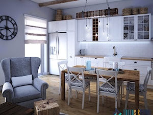 Mieszkanie w rustykalnym klimacie - Średnia otwarta z salonem szara z zabudowaną lodówką z lodówką wolnostojącą z nablatowym zlewozmywakiem kuchnia jednorzędowa z oknem, styl rustykalny - zdjęcie od Totius Studio