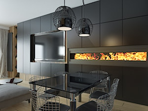 Mieszkanie w czerni, bieli i drewnie - Duży biały czarny salon z jadalnią, styl nowoczesny - zdjęcie od Totius Studio